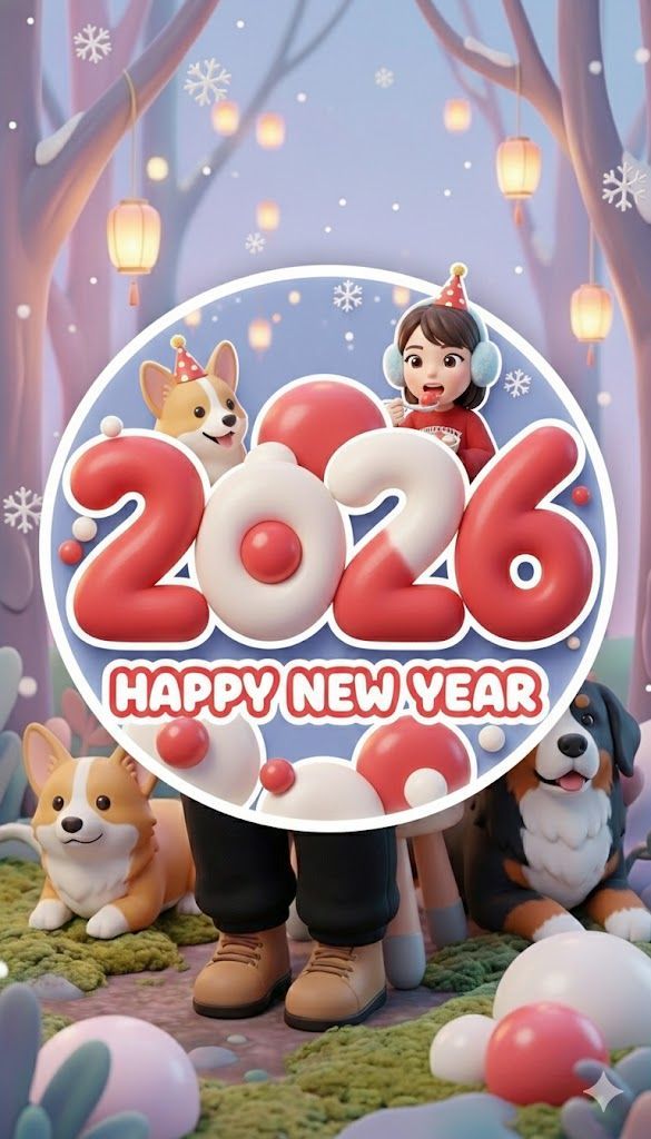 2026 年新年祝福，畫面中有孩子、柯基犬、伯恩山犬和喜慶的冬季場景。