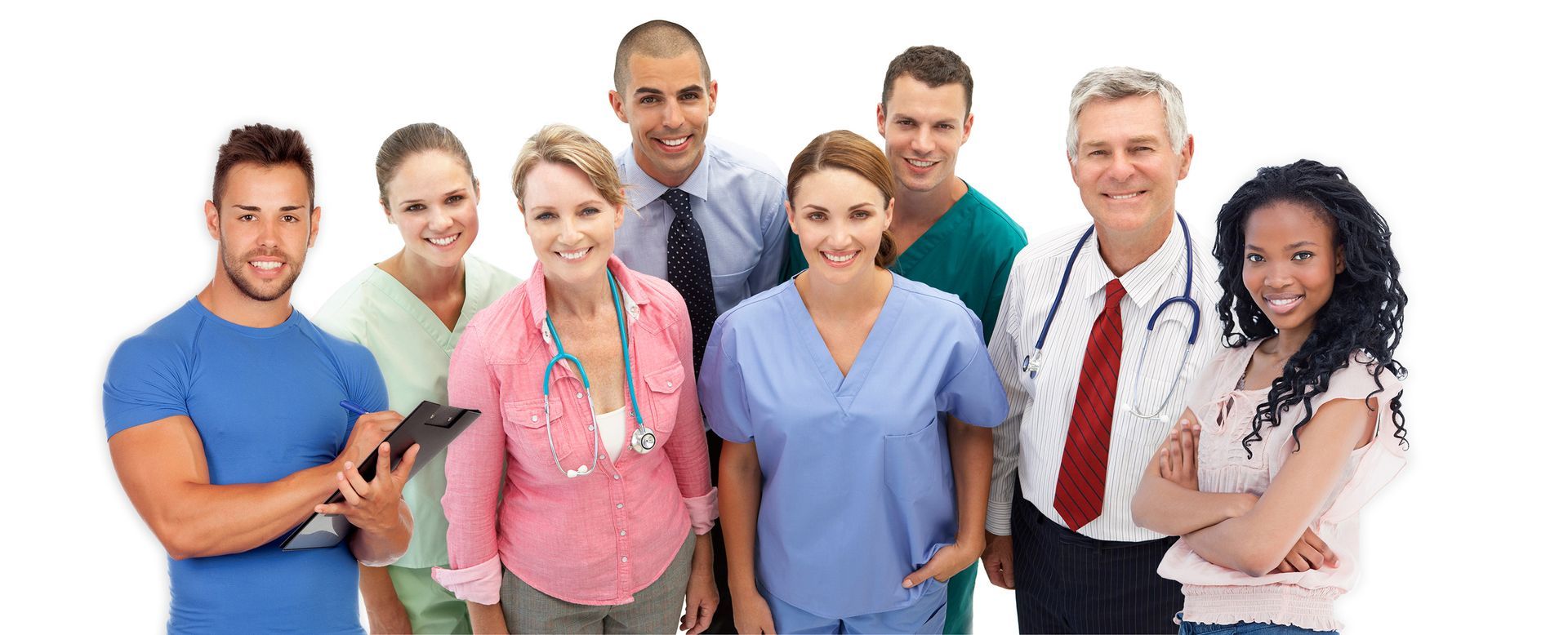 Team of Health professionals including personal trainer, doctors, nurses and massage therapists