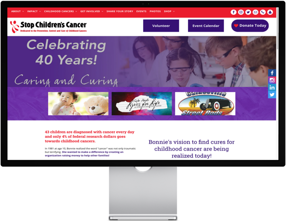 Website for Stop Children's Cancer, celebrating 40 years, with images of children, research, and a teddy bear.