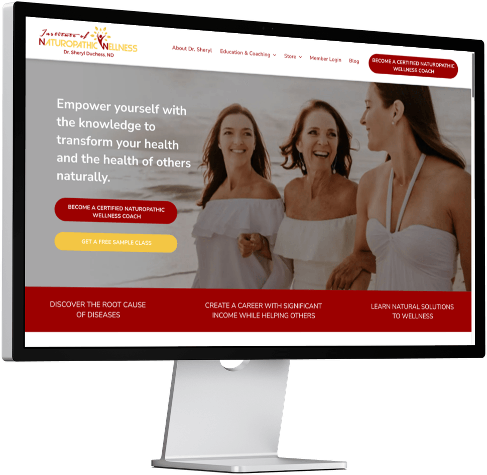 Website promoting naturopathy education; three women on a beach, smiling.