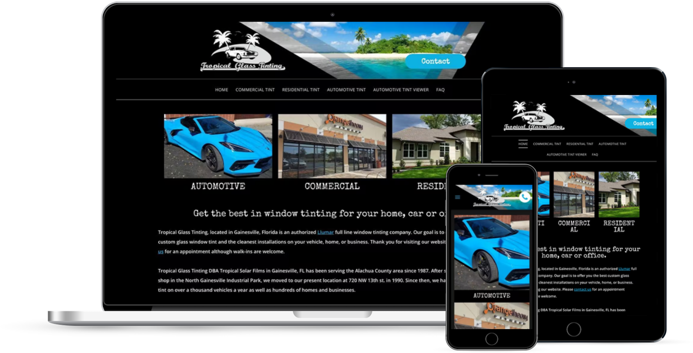 Website design displayed on laptop and phones, showing business information and images.