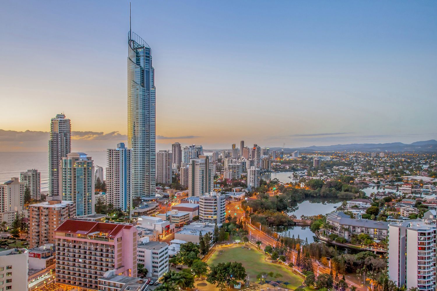 The urban skyline of southern Gold Coast in Queensland, Australia, at daybreak.