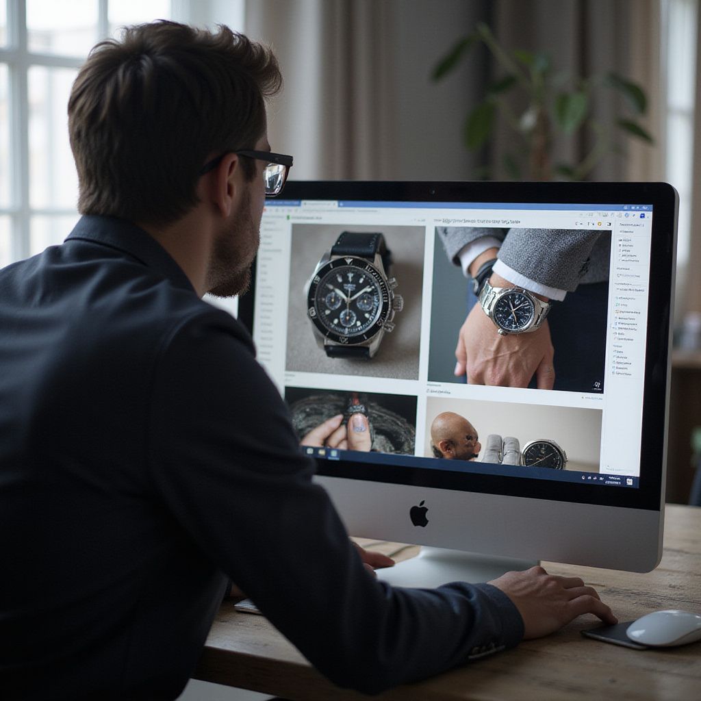 Man wearing glasses looking at watch photos on a computer screen.
