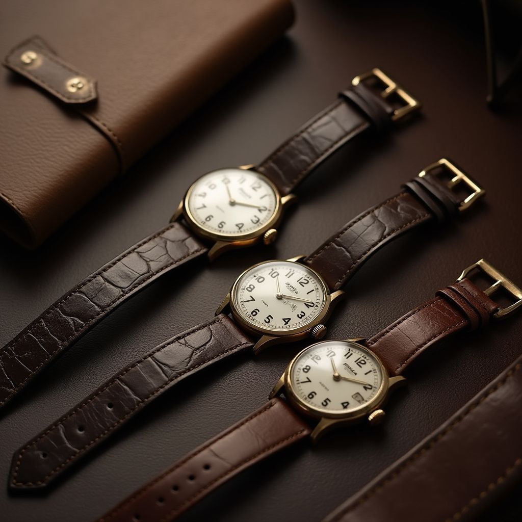 Three gold-rimmed wristwatches with leather straps and white faces on a brown surface, near a leather case.