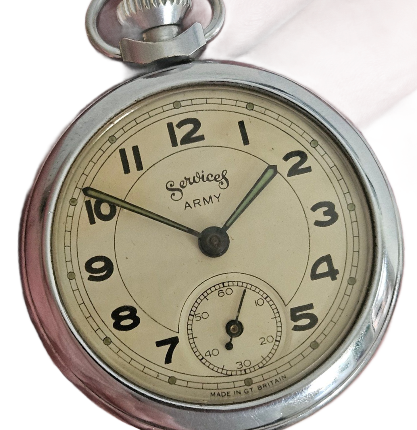 Silver Services Army pocket watch with cream face and black numerals.