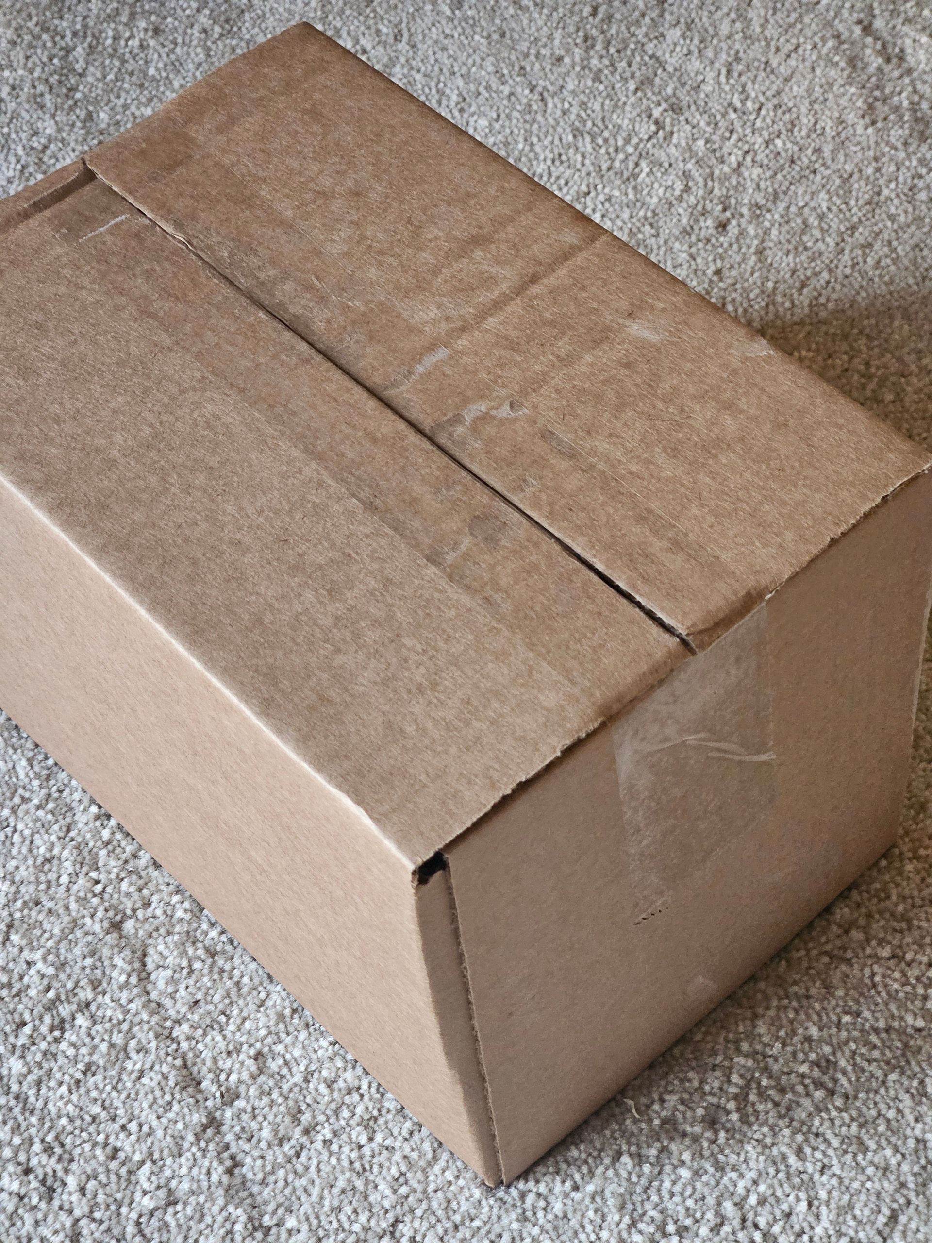 Brown cardboard box on a light-colored carpet.