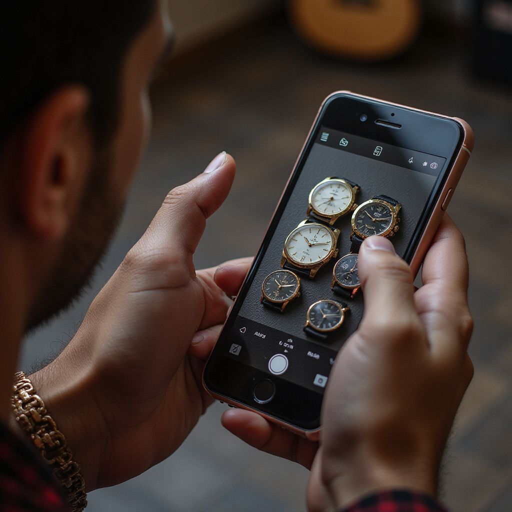 Person taking photo of multiple watches with a phone. Gold wrist chain visible.