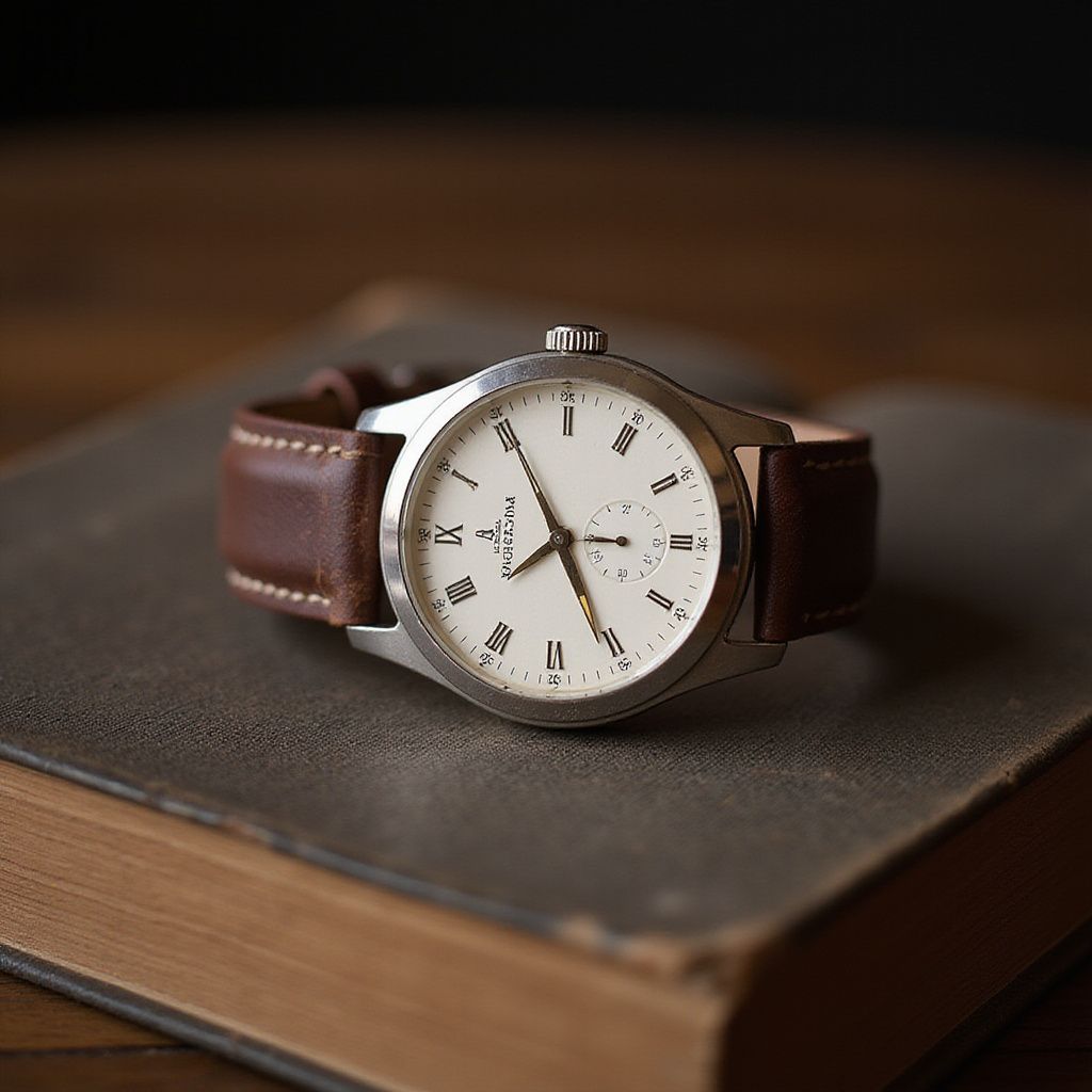 Silver wristwatch with brown leather strap on an open book, wooden background.