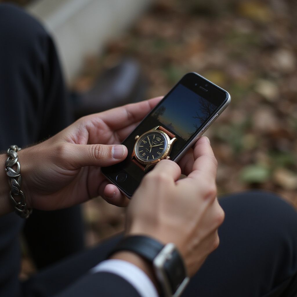 Man holding a smartphone showing a watch image. Watch on wrist, silver bracelet. Outdoors with fall leaves.