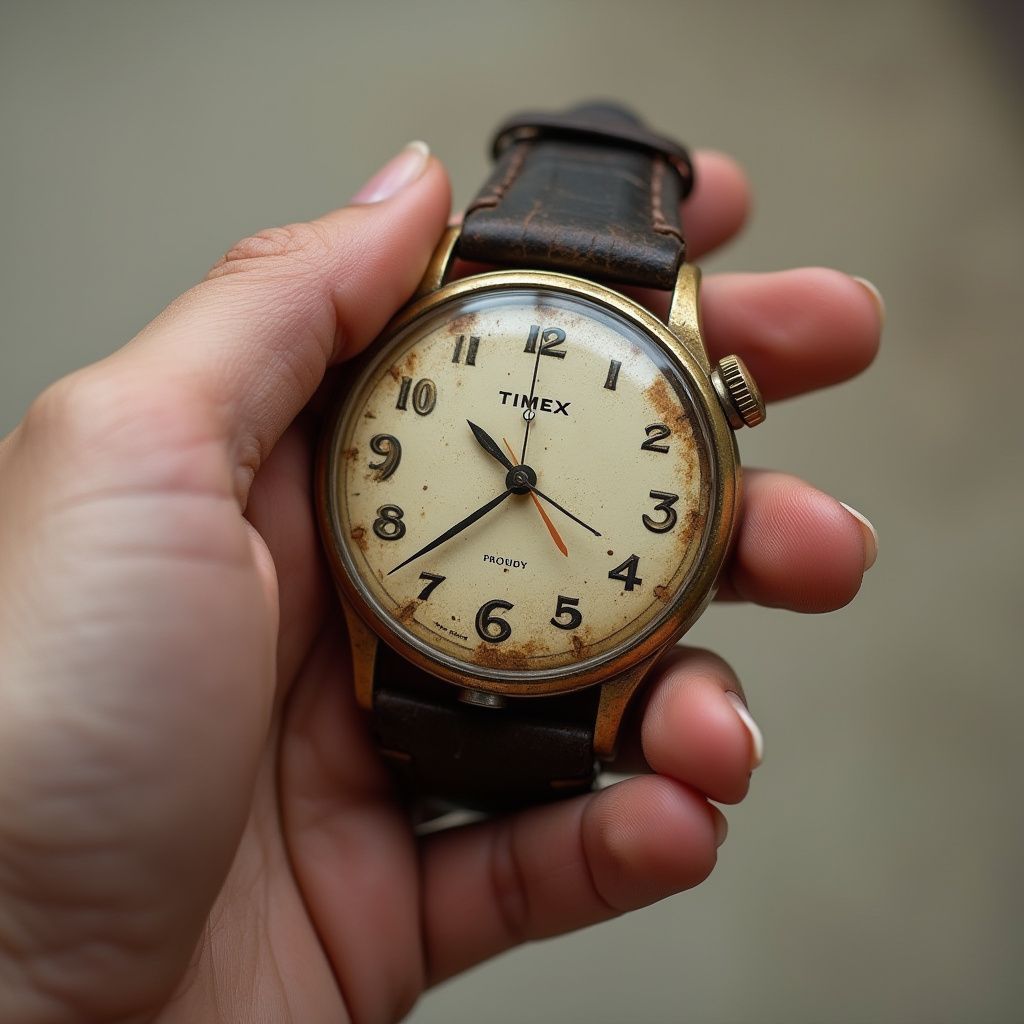 Hand holding a vintage Timex watch with a worn gold case, black leather band, and faded cream-colored face.