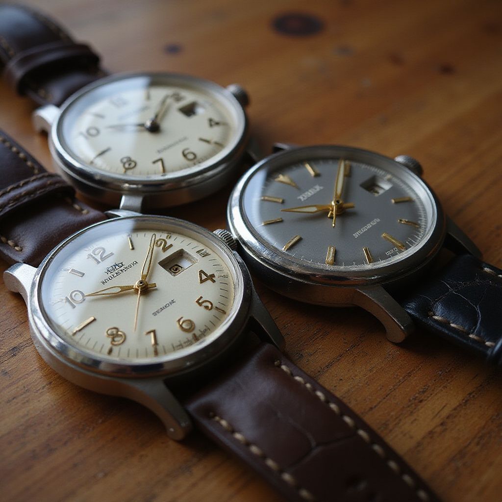 Three vintage wristwatches with leather bands on a wooden surface.