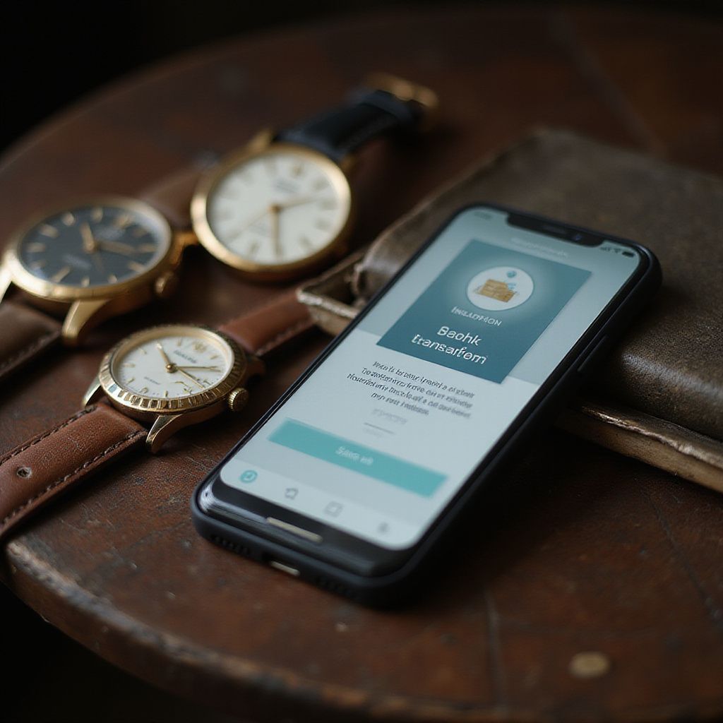 Smartphone displaying a screen with text, three watches, and a leather wallet on a brown surface.