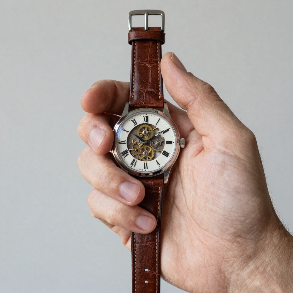 Hand holding a brown leather-strapped wristwatch with visible inner workings, against a gray background.