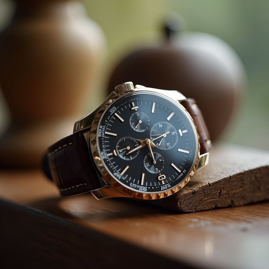 Gold wristwatch with a black face and brown leather strap on a wooden surface.