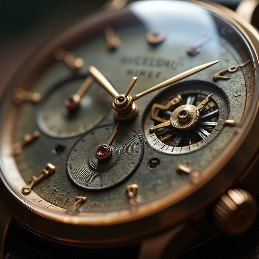 Close-up of a vintage gold wristwatch with intricate dials, hands, and Roman numeral markers.