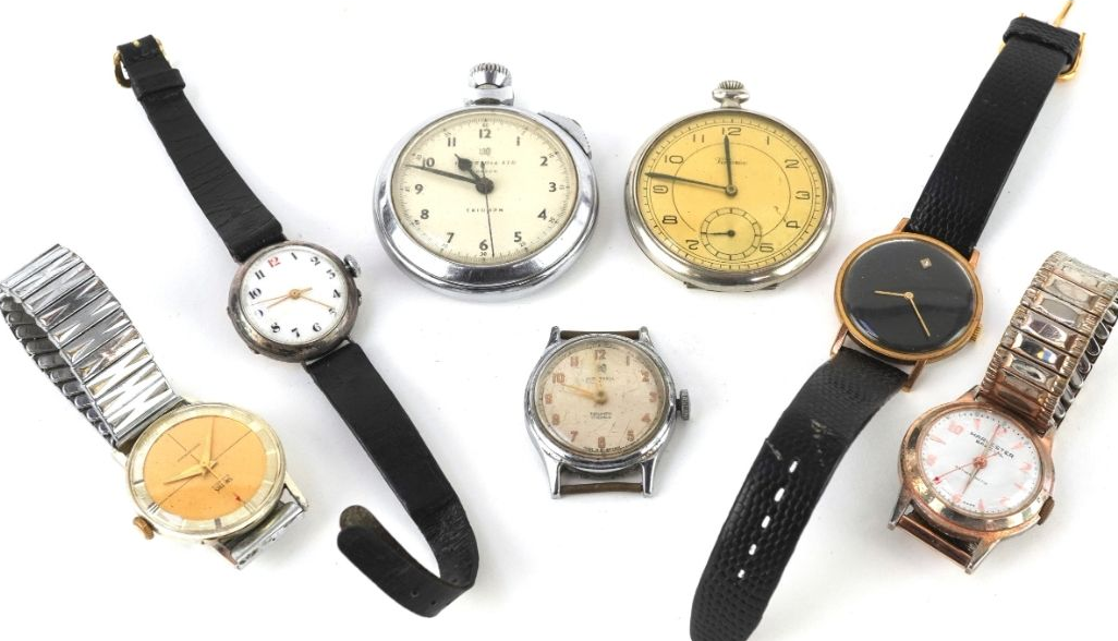 Assortment of antique wristwatches and pocket watches with various face colors and band styles.