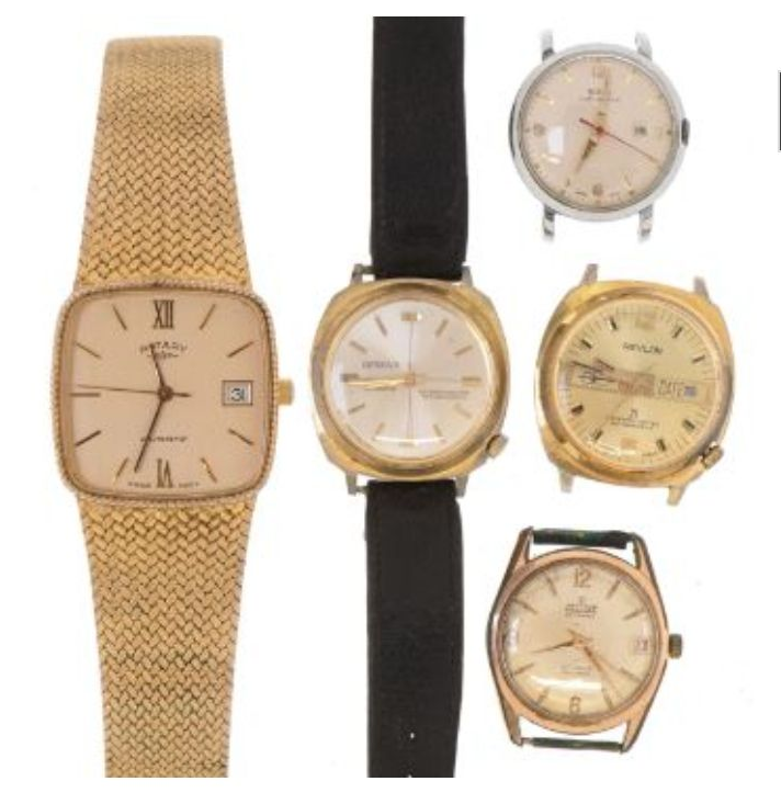 Five vintage wristwatches with gold and silver tones, leather and mesh bands.