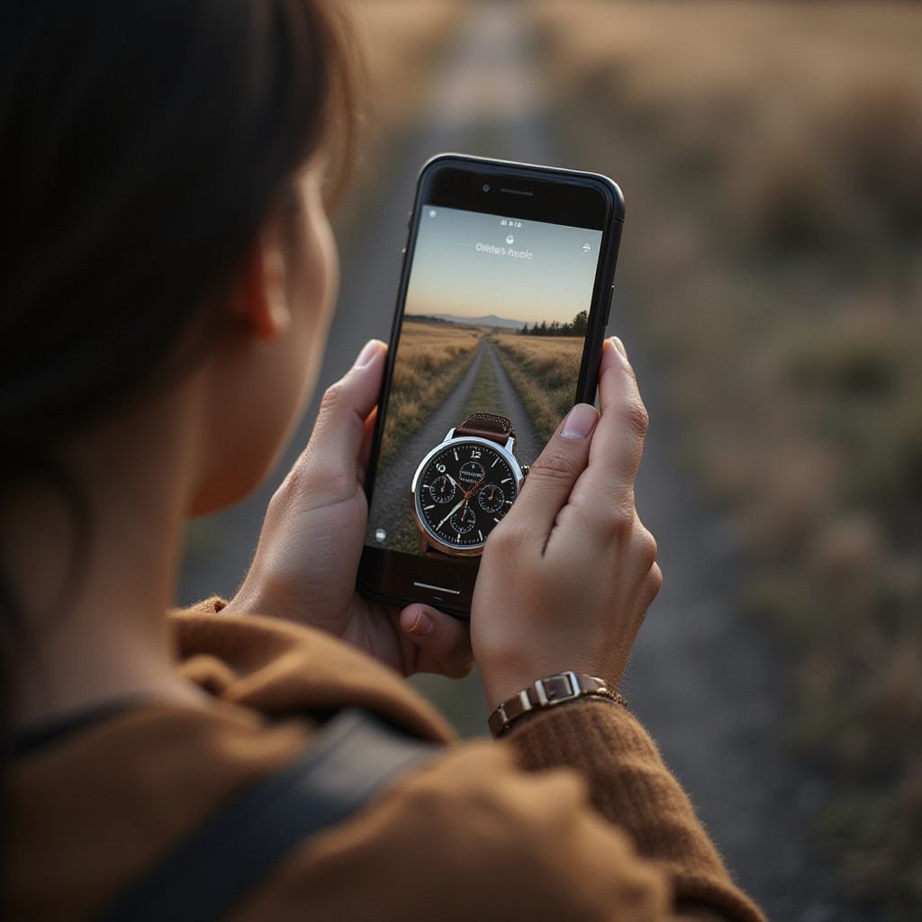 Person holding a phone, displaying a watch overlayed on a rural road.