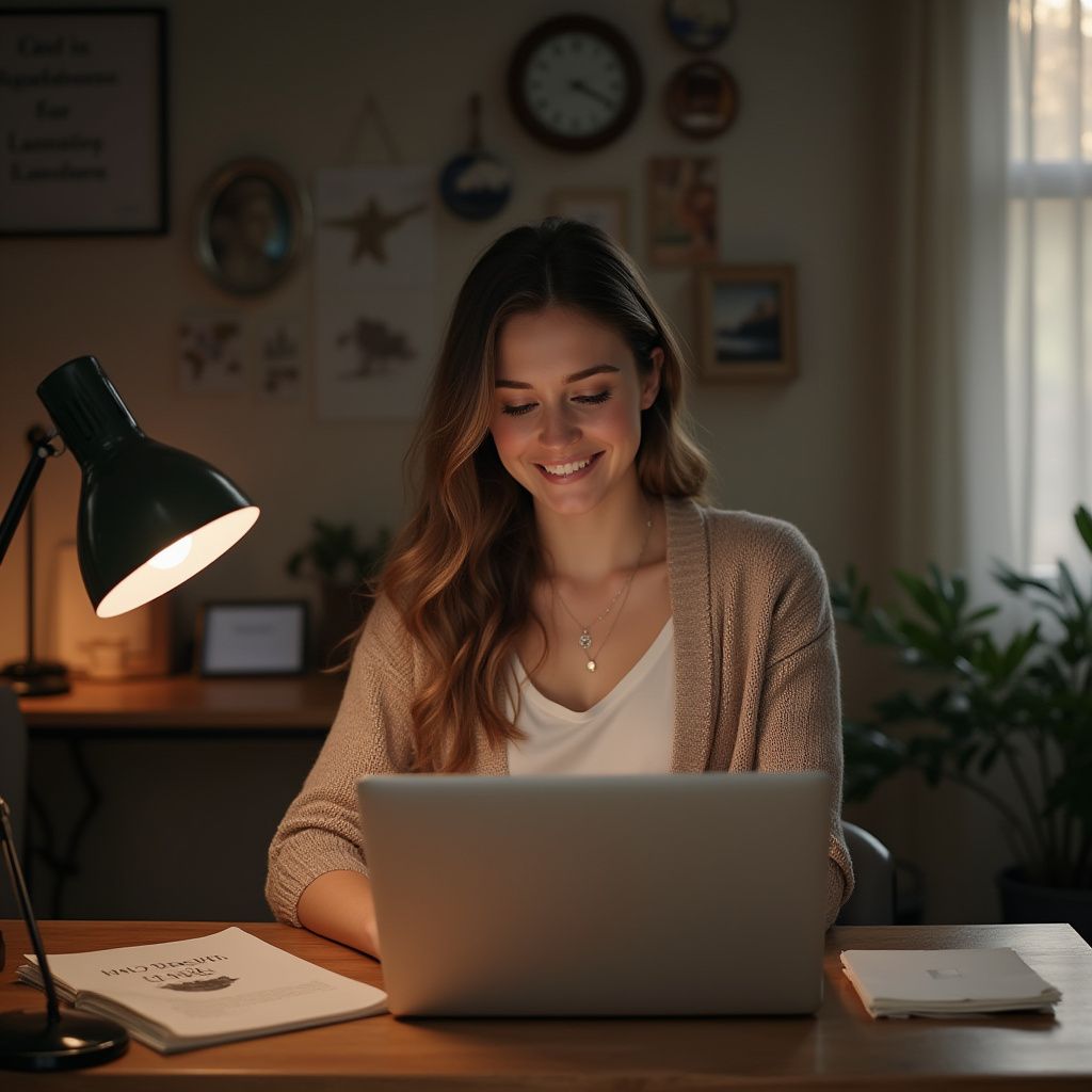 Woman smiling while working on a laptop at a desk, lit by a desk lamp. Beige sweater, home office setting.