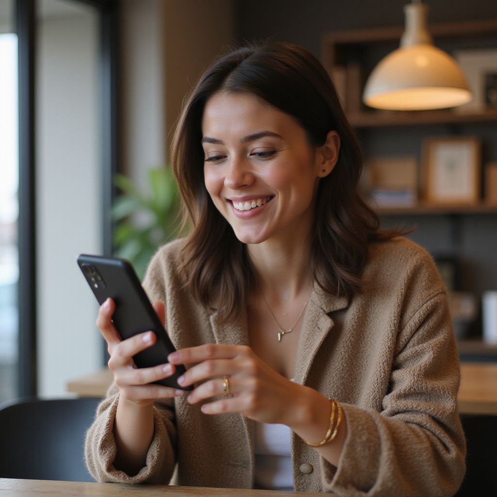 Woman smiling, looking at phone, in a cafe. Wearing tan jacket and gold jewelry.