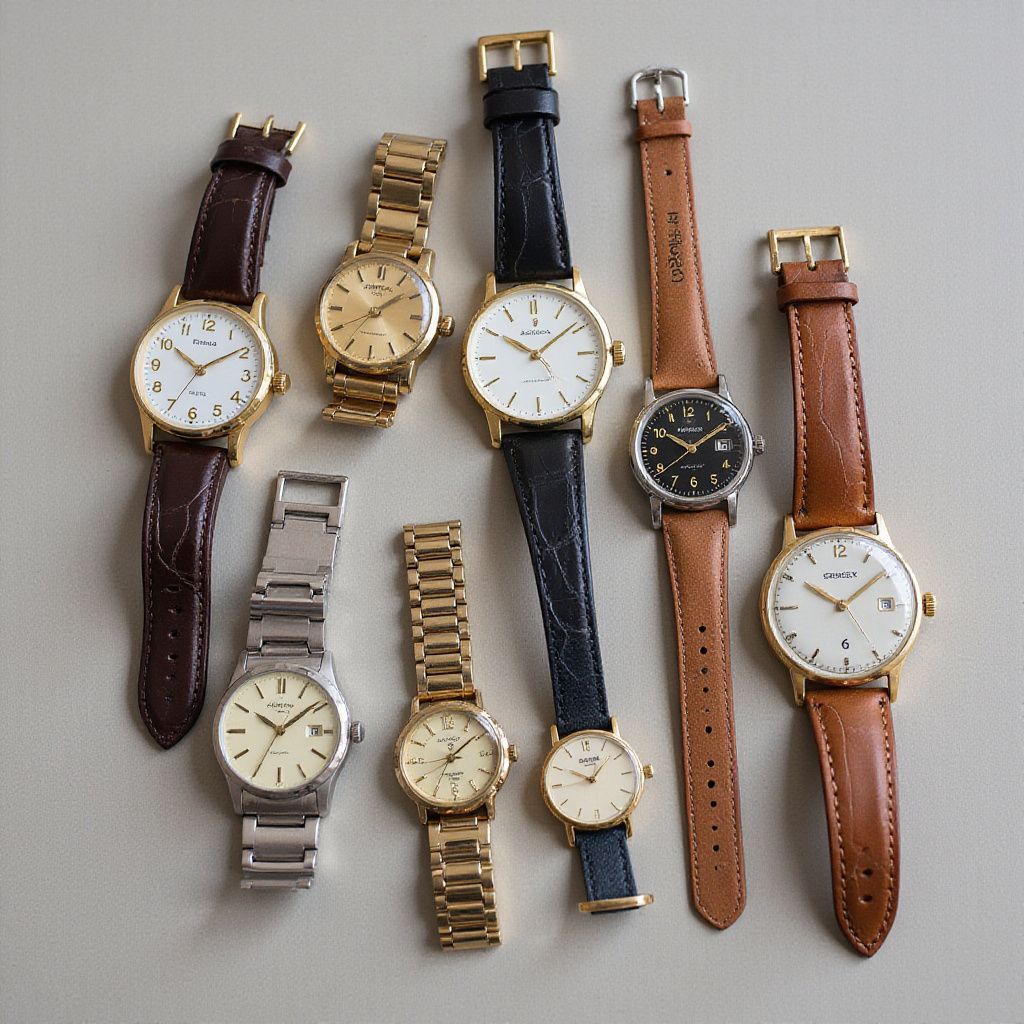 Eight vintage wristwatches with various bands, gold and silver cases, laid out on a beige surface.