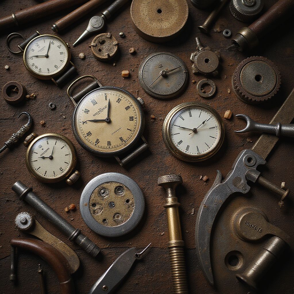 Antique watches, tools, and watch parts on a brown surface. Mostly metal with hints of gold.