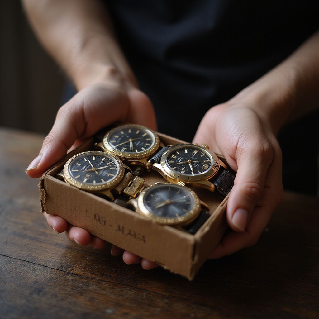 Hands holding a cardboard box with four gold-toned wristwatches on a wooden table.