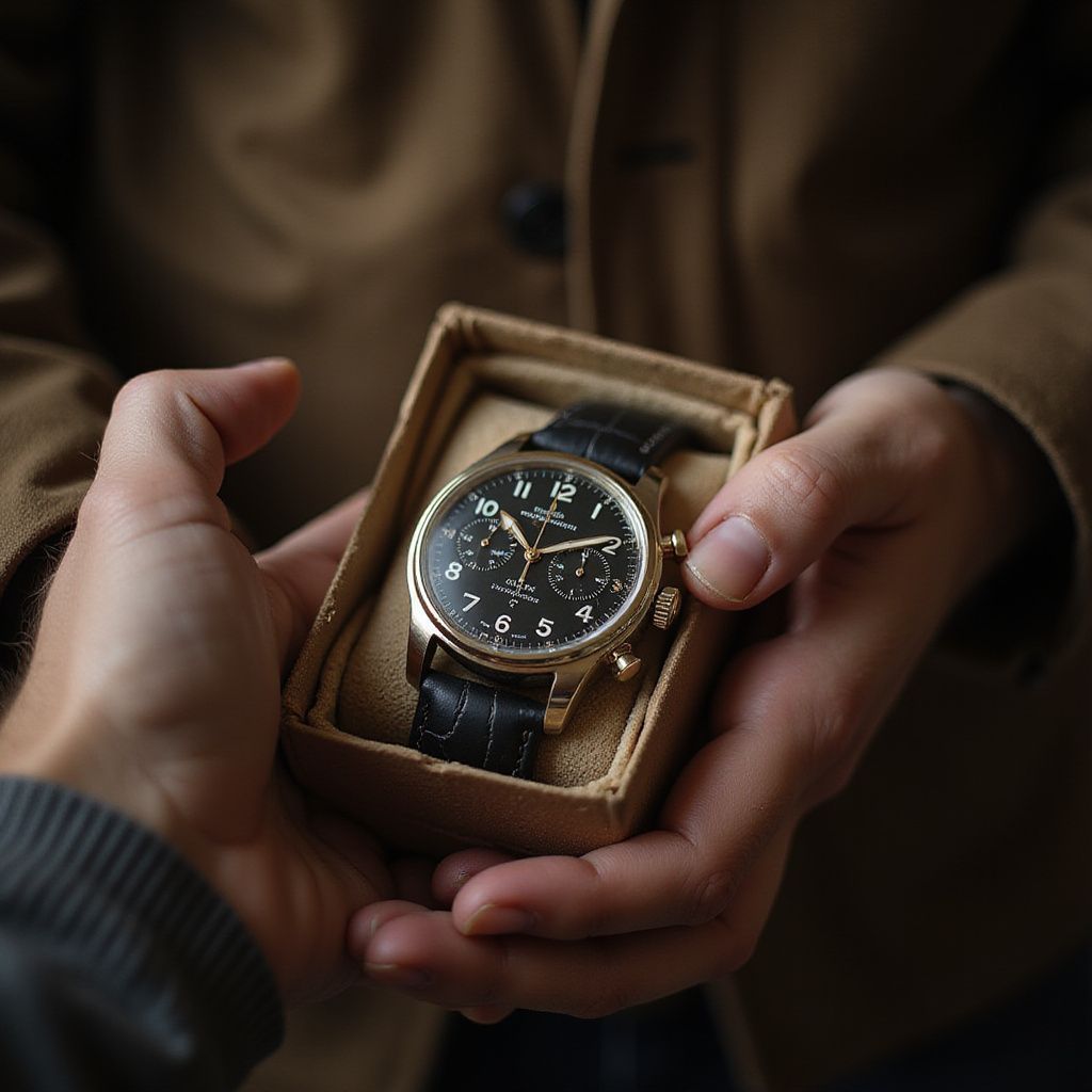 Person presenting a gold wristwatch in a box. Black leather band, brown jacket, beige box.