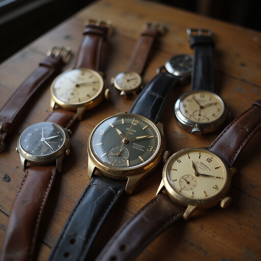 Close-up of several vintage wristwatches with leather straps on a wooden surface.