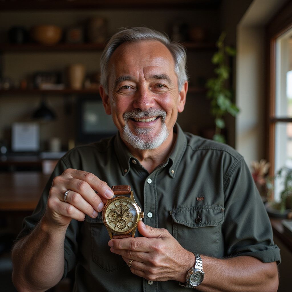 Man with gray hair, holding up a gold wristwatch, smiling. Inside a room with natural light.