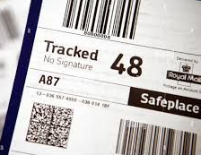 Royal Mail shipping label with barcodes and “Tracked 48” text.