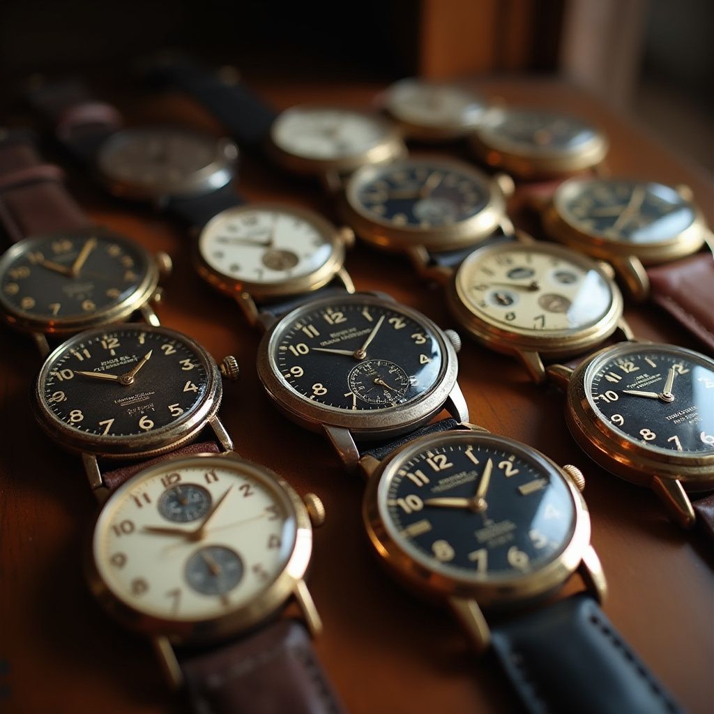 Close-up of a collection of vintage wristwatches with black and cream faces, leather bands, set on a wooden surface.