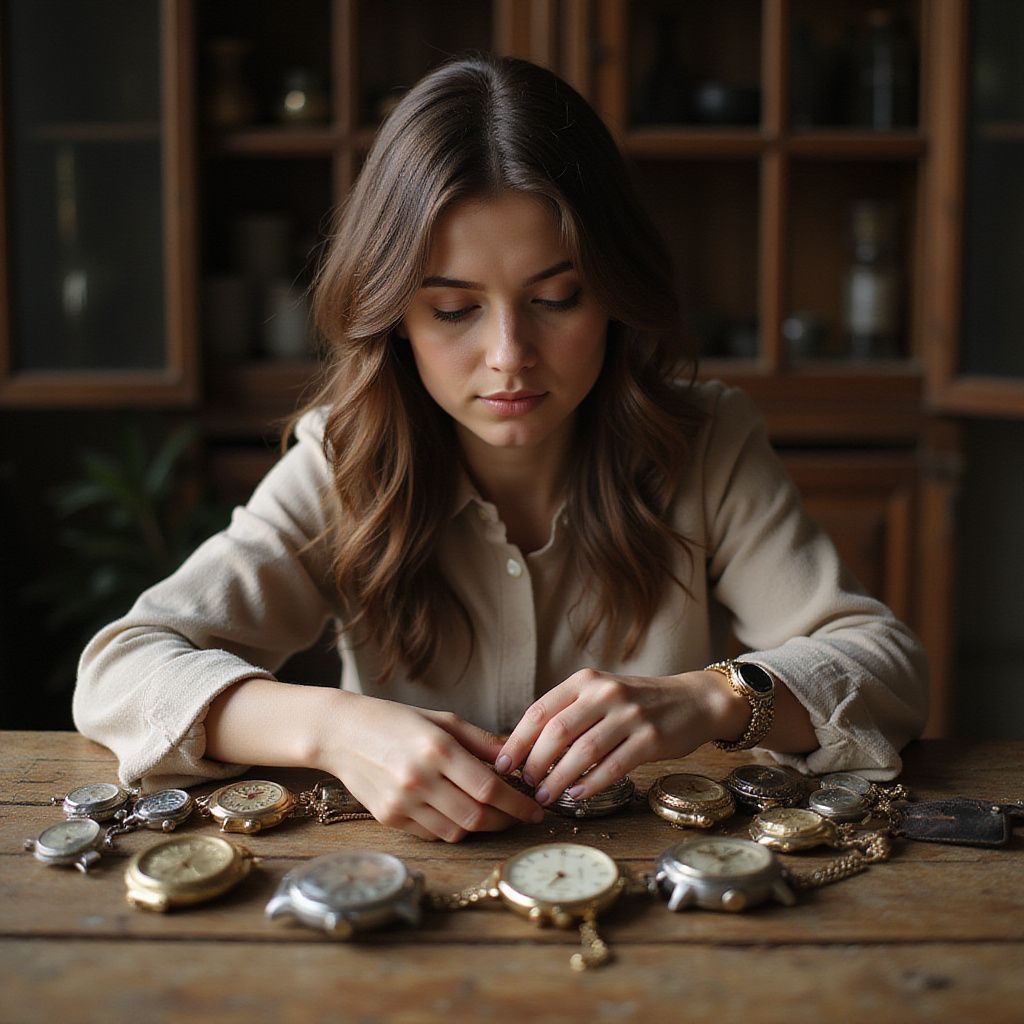 Woman looking at multiple wristwatches on a wooden table, warm lighting, focused expression.