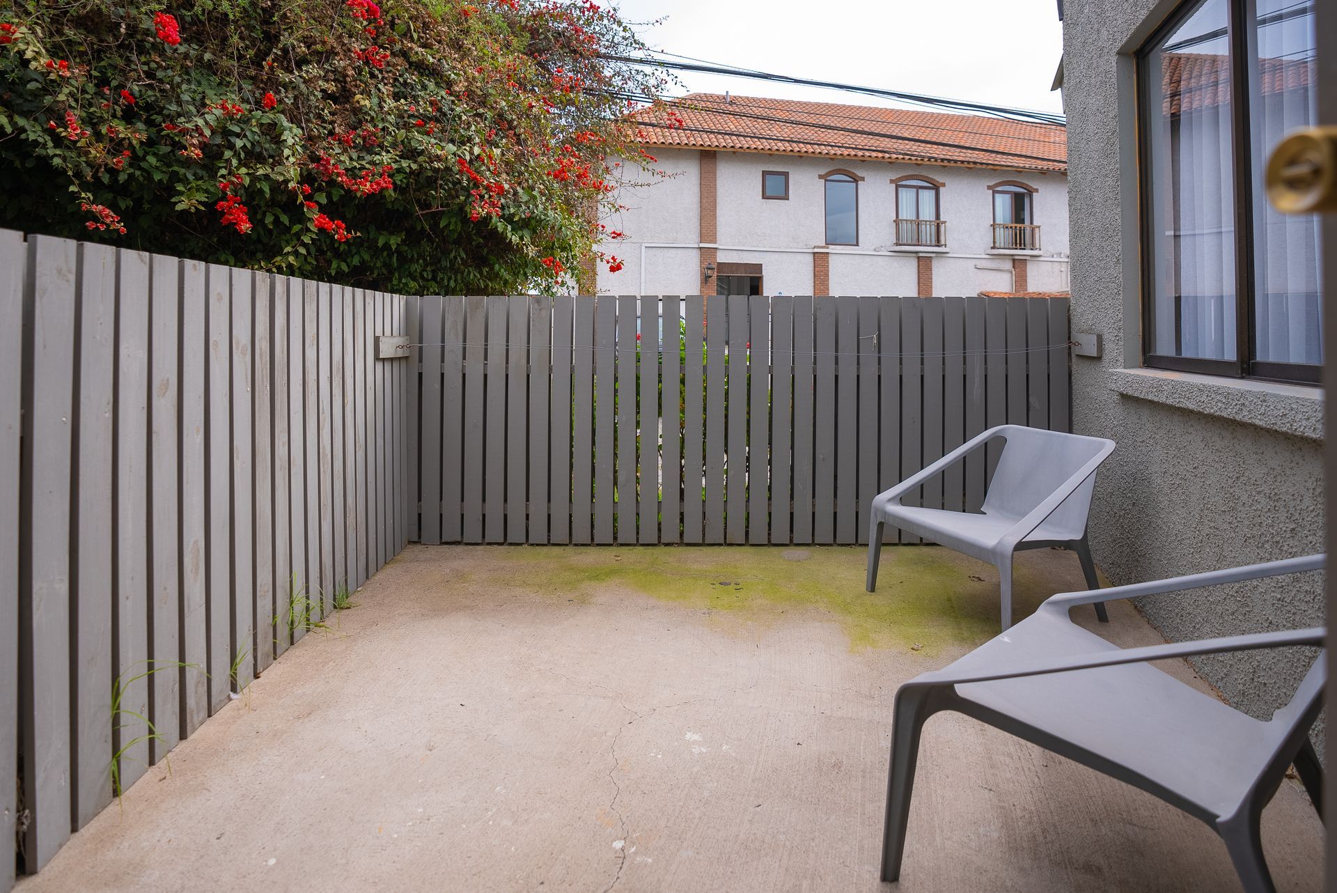 Small paved courtyard with gray lounge chairs, vertical wooden fencing, and flowering shrubs.