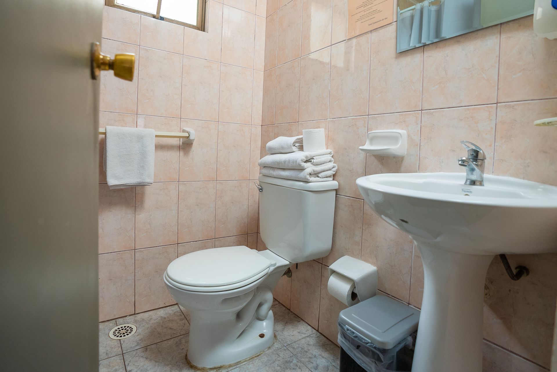 A bathroom with a toilet , sink and mirror.