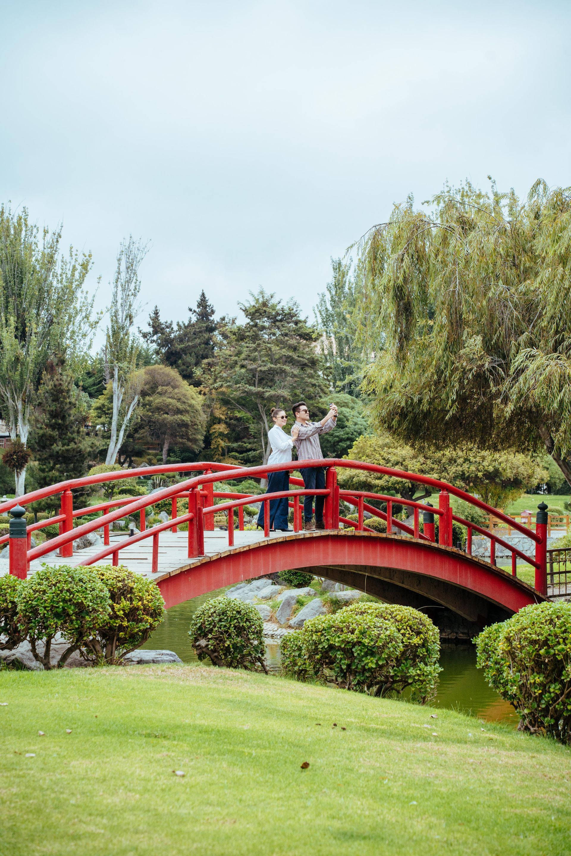 Couple standing on a red arched bridge in a green garden with trees and shrubs
