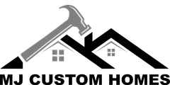 A black and white logo for a company called mj custom homes.