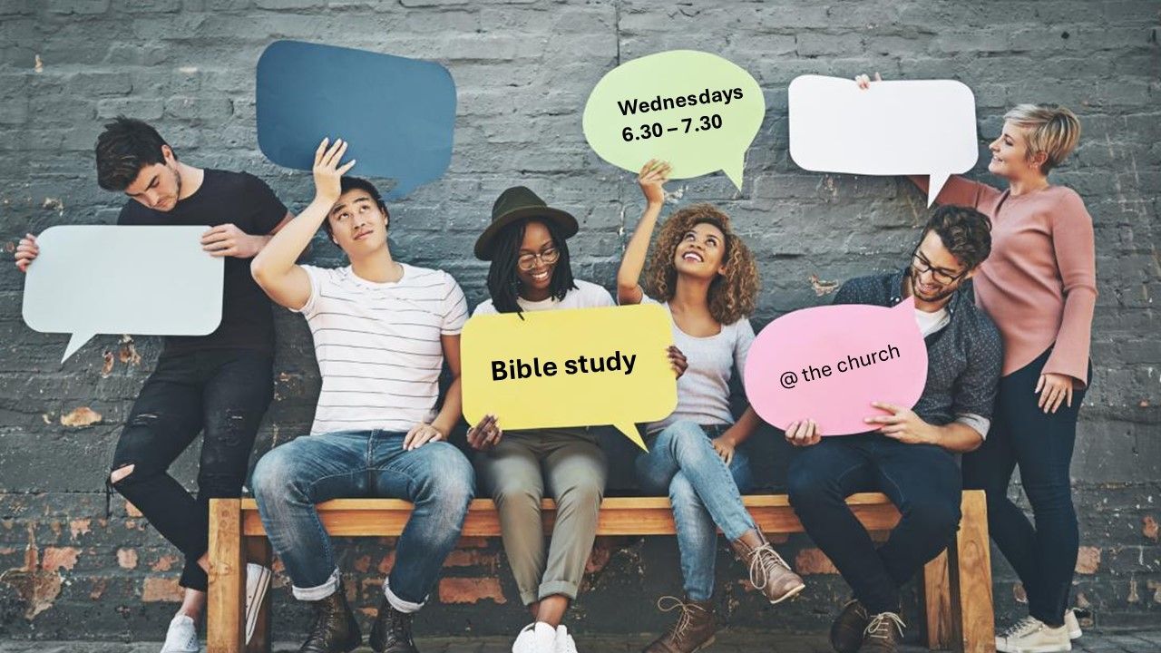 Group of people holding speech bubbles promoting Bible study.