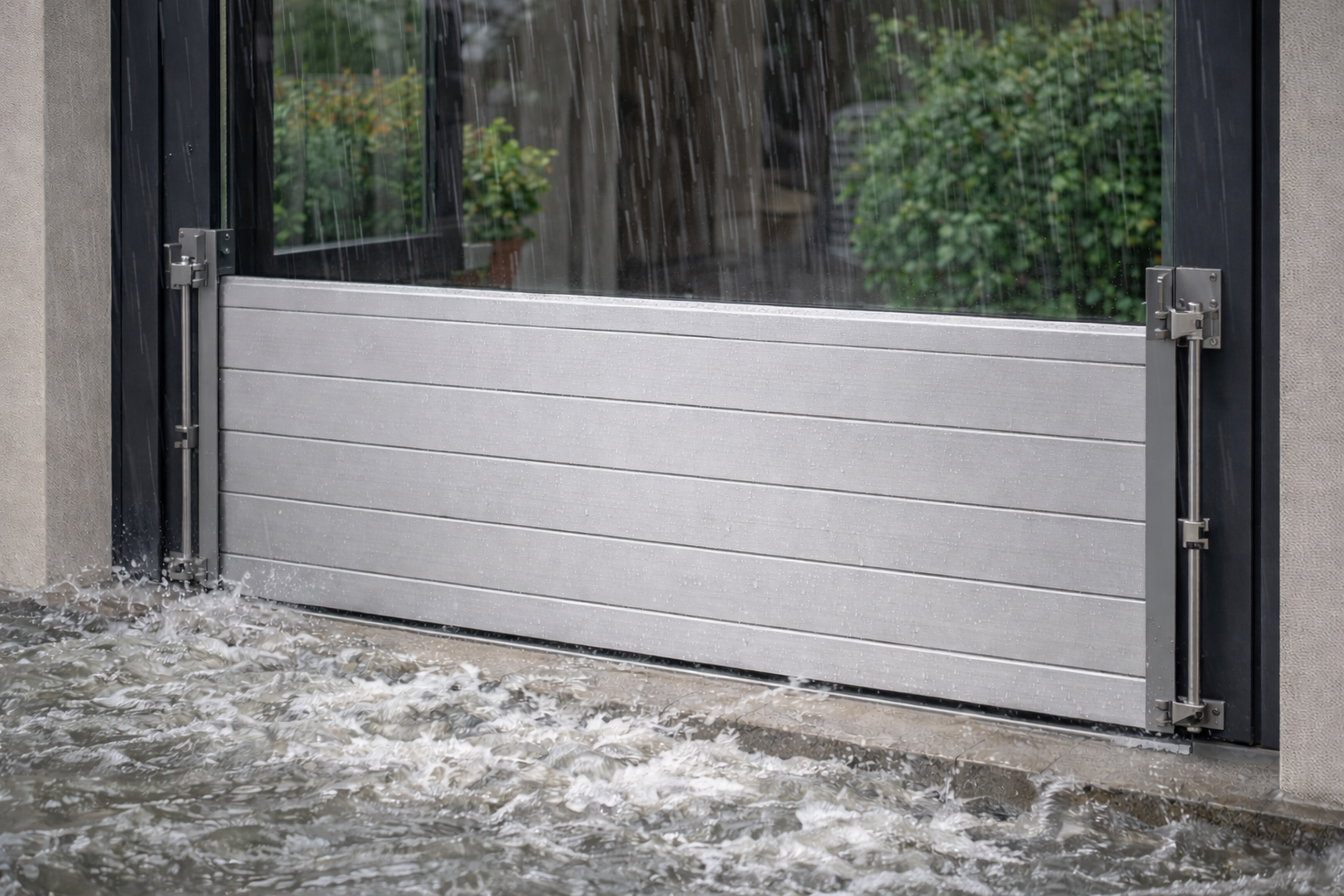 Barriera anti-inondazione installata sulla porta, contro cui scorre l'acqua.