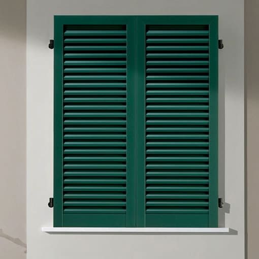Persiane verdi chiuse su un edificio dalle pareti bianche con davanzale bianco.