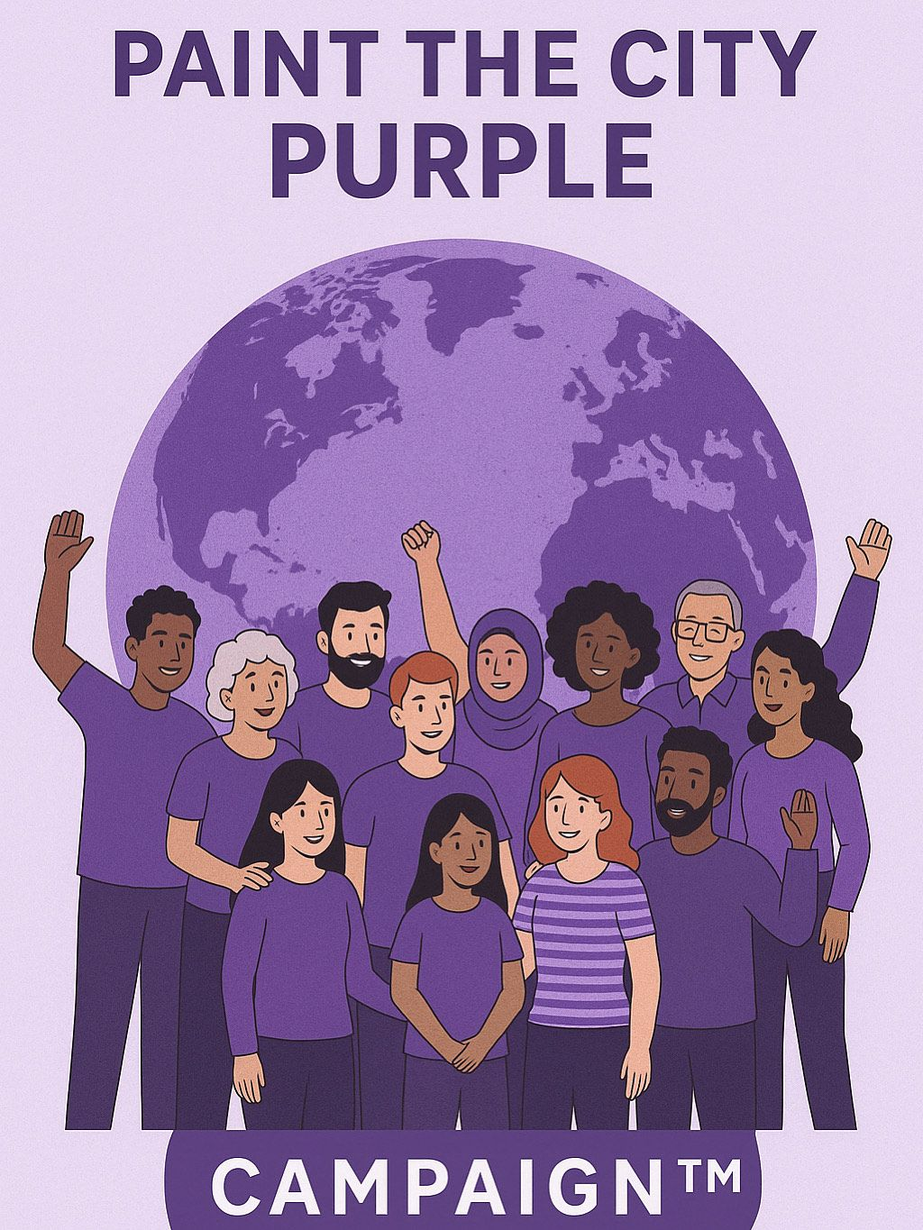 People of diverse backgrounds in purple clothes gather, earth in purple,