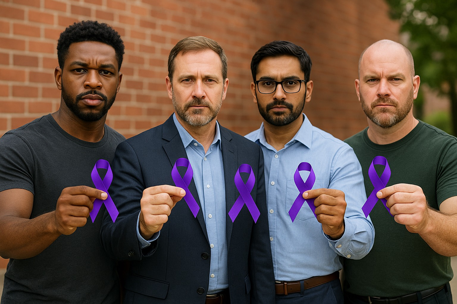 Four diverse men holding purple awareness ribbons in front of a brick building, looking serious.
