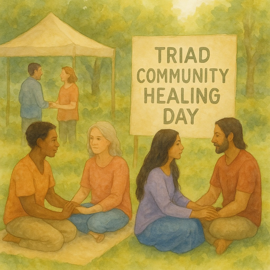 People at a "Triad Community Healing Day," holding hands in a park. A banner and a tent are visible.