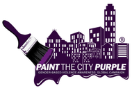 Paint the City Purple Campaign Purple paintbrush painting a purple city skyline;