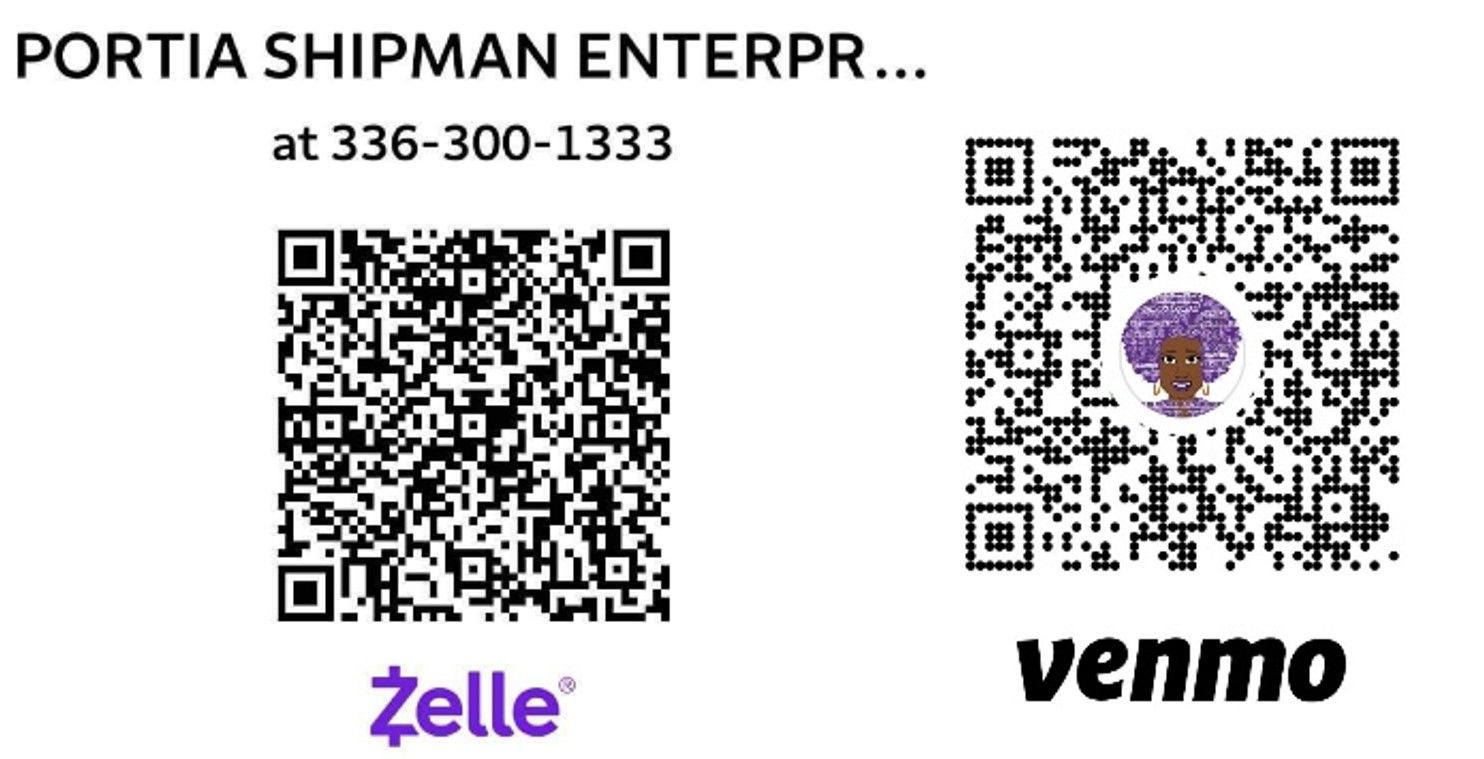 QR codes for Zelle and Venmo payments for Portia Shipman Enterprises, with a phone number.
