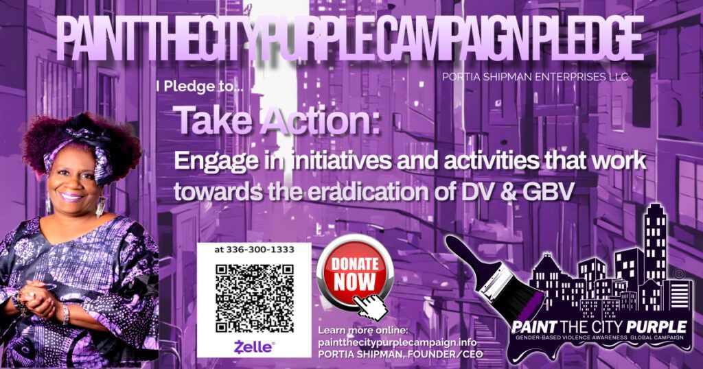 Purple campaign pledge: Woman in purple, text