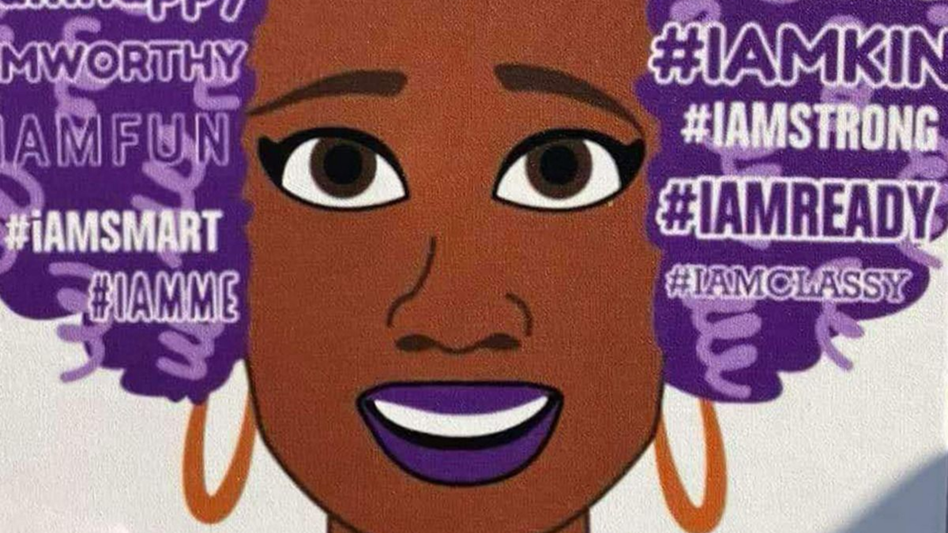 Cartoon woman with purple hair, #IAM affirmations.