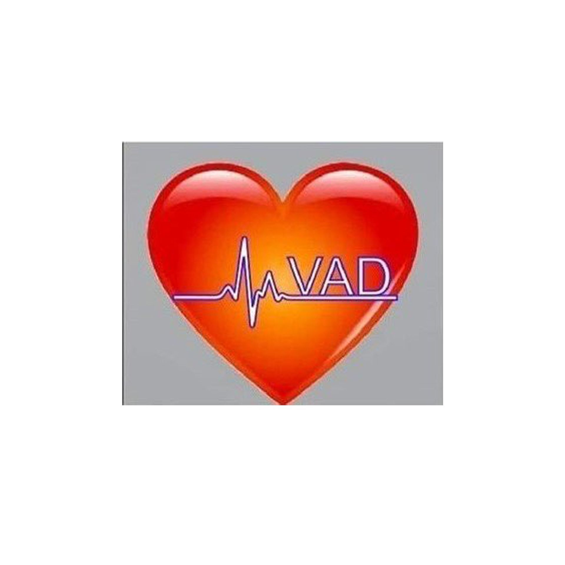 Red heart with a white EKG line and blue letters "VAD" on a grey background.