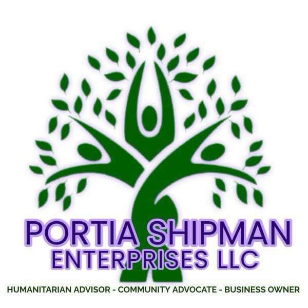 Green logo: tree with silhouetted figures, "Portia Shipman Enterprises LLC" text, and tagline.