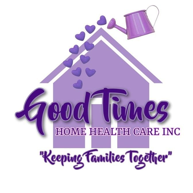 Logo for Good Times Home Health Care Inc.: Purple house with hearts, watering can, and text.